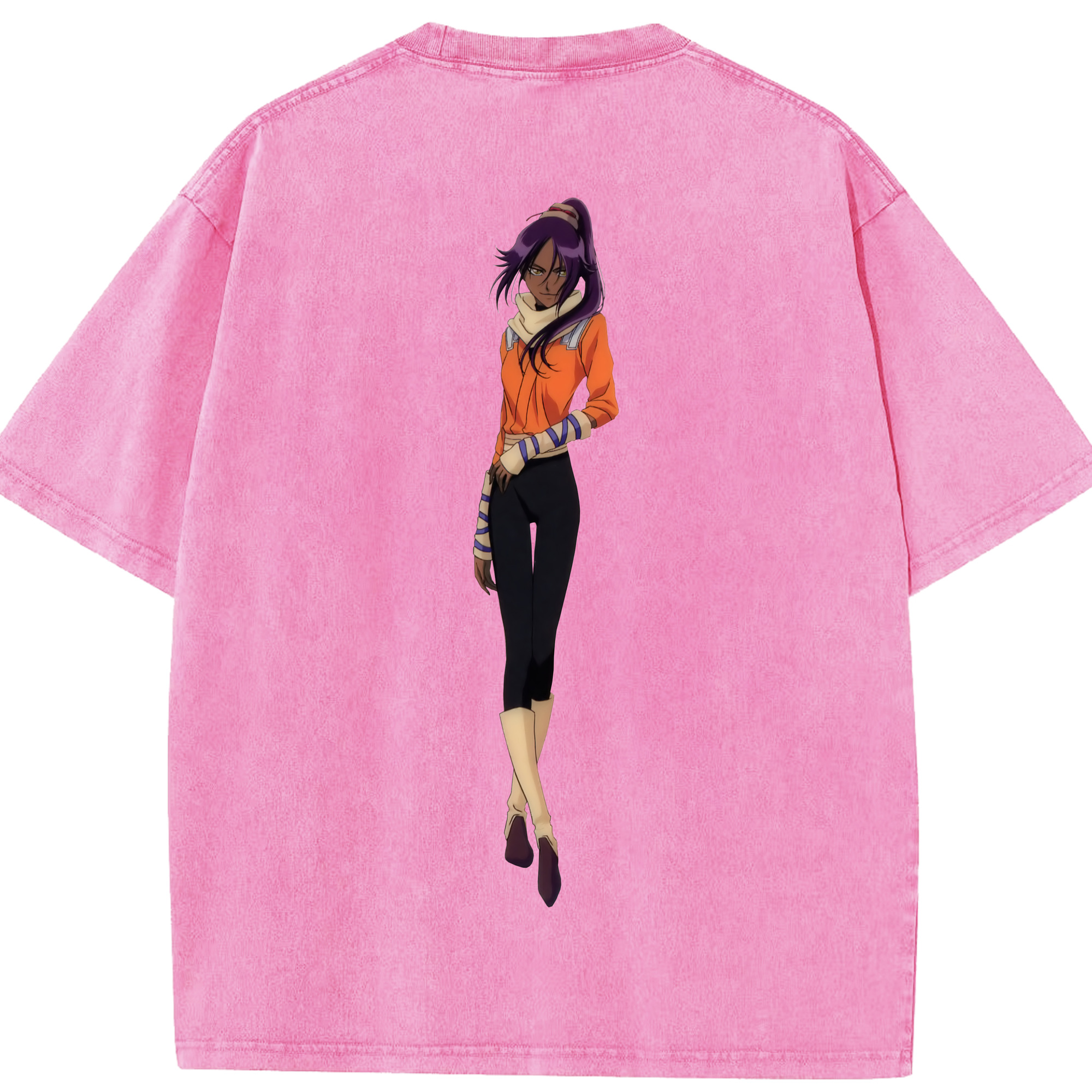 （画像用） ブリーチ 四楓院 夜一（しほういん よるいち） BLEACH Shihouin Yoruichi 綿100% ヴィンテージ風 半袖Tシャツ（背面プリント）